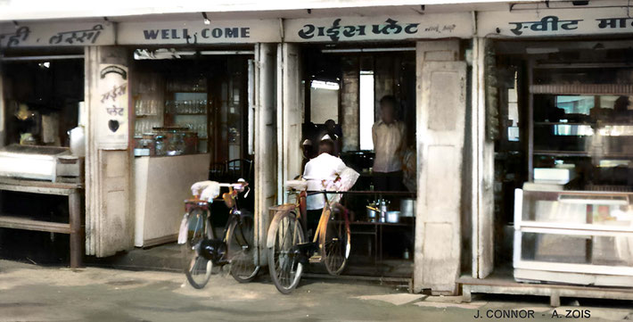 1975 : Satchapir Tea Shop in Poona. Meher Baba's Father's 2nd tea shop. Photo taken by John Connor. Image rendered by Anthony Zois.