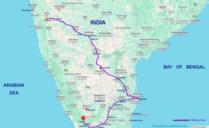 Map showing a part of Southern India that Meher Baba travelled. Map graphics by Anthony Zois.