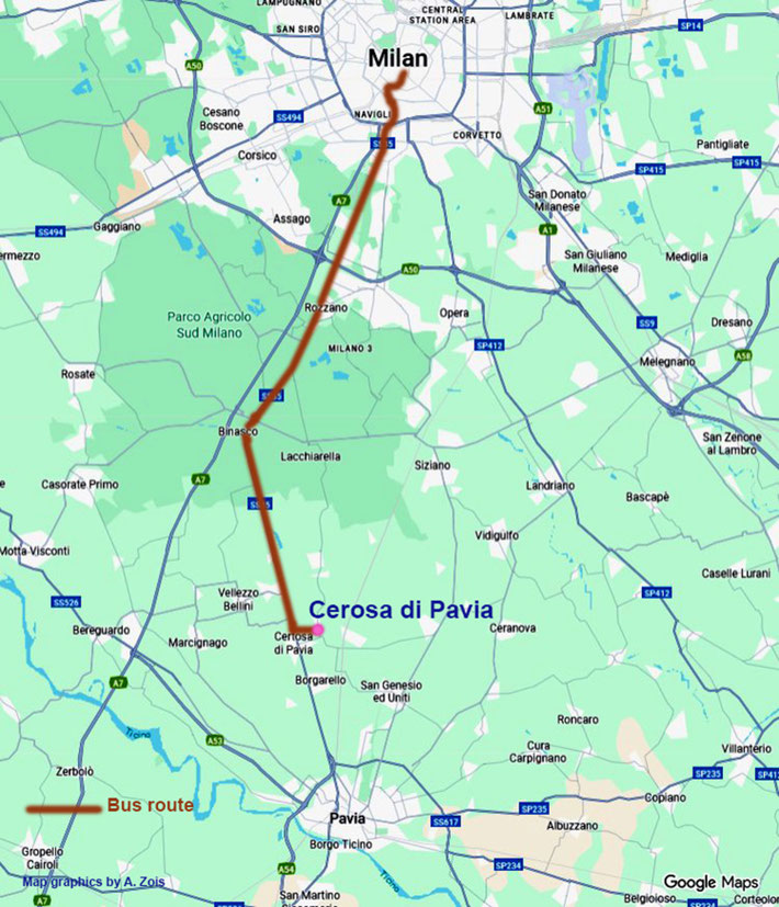 Map shows the bous route from Milan to Cerosa di Pavia & returned to Milan. Map graphics by Anthony Zois.