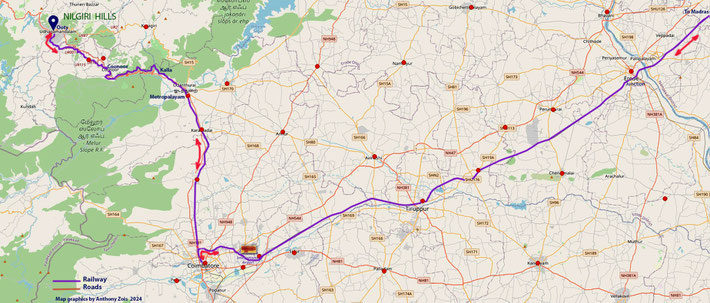 Map : Train Route to Ooty from Madras. Map graphics by Anthony Zois.