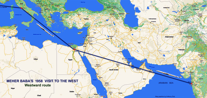 2. 1958 : Map detail shows the Westward route of Meher Baba's tour from Bombay to Rome. Map graphics by Anthony Zois.