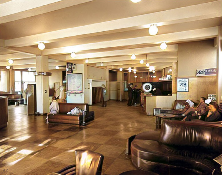 1950s : Ansett ANA Passenger lounge at Essendon Airport, Melbourne. Image colourized by Anthony Zois.