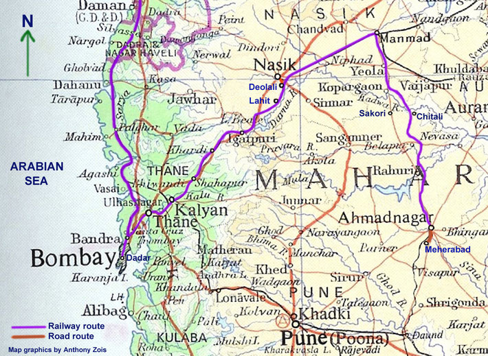 Early June 1924. First stage of Meher Baba's trip to Quetta. Map graphics bt Anthony Zois.