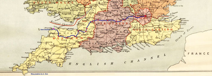 The map of South England shows the road route taken by Meher Baba from London to East Challacombe, Devon. Map graphics by A. Zois.
