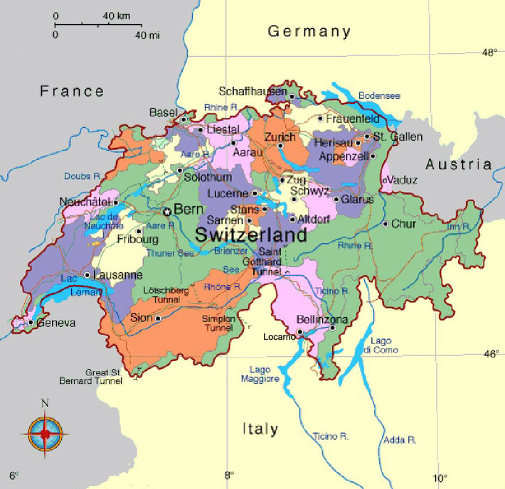  Map of Switzerland showing the Cantons.