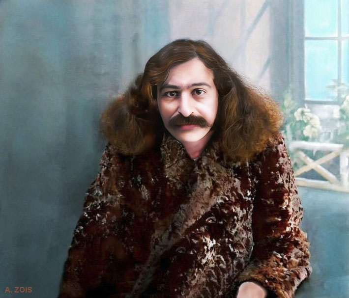 May 1931 - Quetta, Br. India. Meher Baba photo taken and later used (trimmed) on his new Persian passport, issued in Duzdeb, Persia, in the prior month for leaving on his first visit to the West. Image rendition by Anthony Zois.
