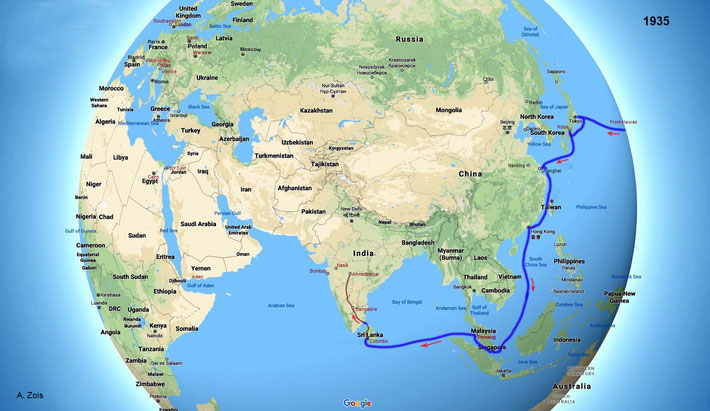 Jan.-Feb. 1935 : the 3rd & last leg of Meher Baba's 2nd World Tour. Asia-Pacific ship routes & train routes through Ceylon & India. Globe graphics created by Anthony Zois