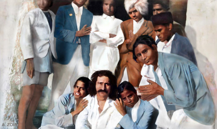 Late 1920s : Meher Baba with some of the Prem Ashram boys. Image rendition by Anthony Zois.
