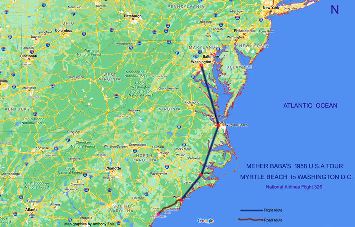 1958 : Map shows Meher Baba's routes detail from Myrtle Beach to Washington DC.  Map graphics by Anthony Zois.