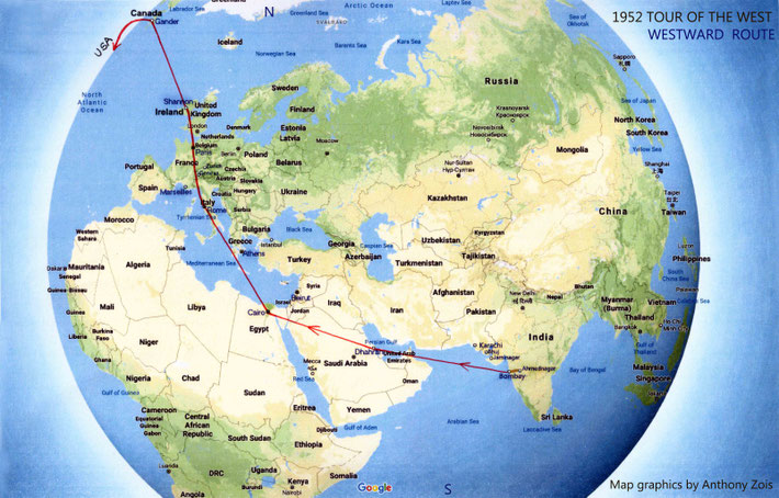 1952 : Westbound route to the USA. 1st stage