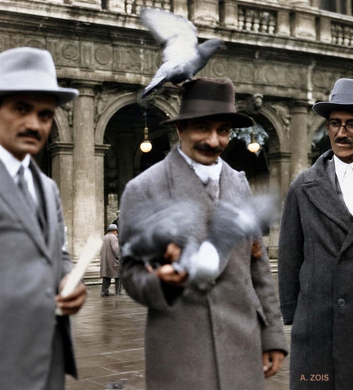 1932 April - Venice, Italy. Meher Baba with his men Mandali, Dr. Ghani Munsiff (left) and 'Chanji' Dadachanji. Image rendition by Anthony Zois. BP