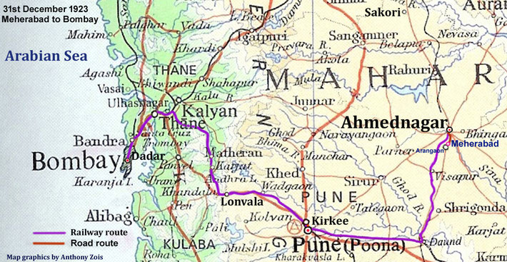 31st Dec. 1923 : Meher Baba's trip from Meherabad to Bombay. Map graphics by Anthony Zois.