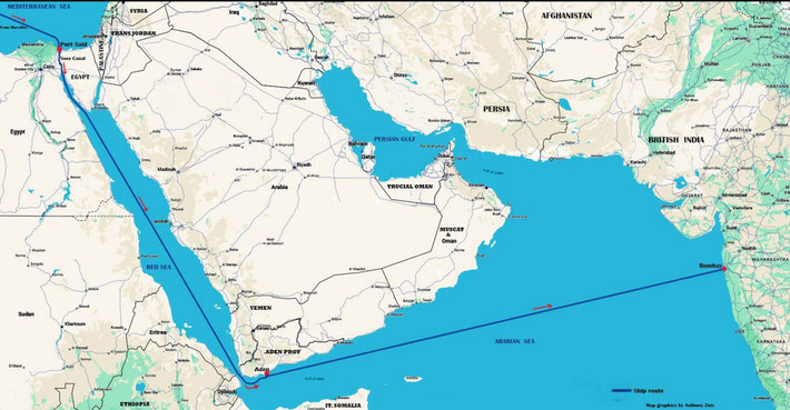 Map shows the ship route from Port Said to Aden, then to Bombay. Map graphics by Anthony Zois.