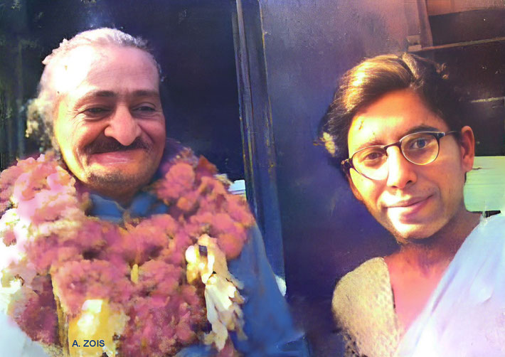 1953 : Meher Baba with Keki's wife Freiny Nalavala at Dehra Dun Railway Station. Image rendition by Anthony Zois.