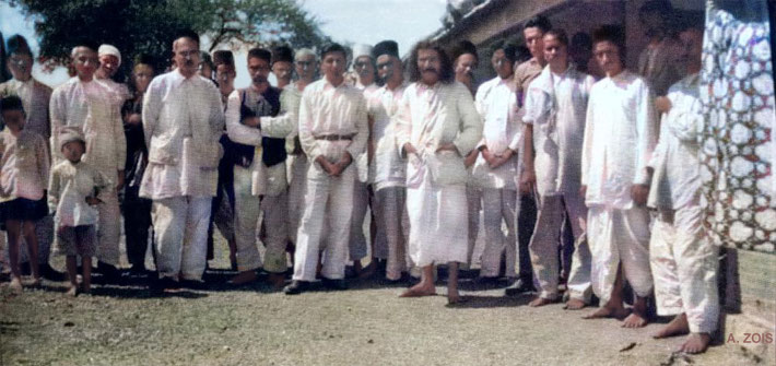 Nov 1930 : Photo taken by Paul Brunton of Meher Baba & his men at Meherabad, India. Image rendered by Anthony Zois.