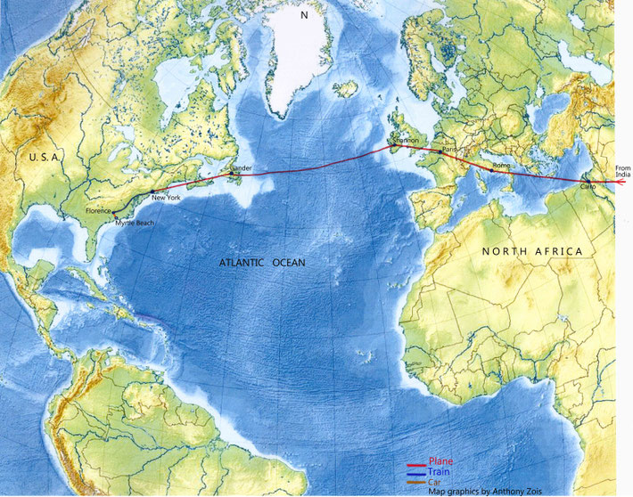 MAP 3 : 1952 Map shows the Westbound route of Meher Baba's visit to the West - 2nd part