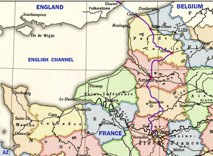 Map shows the journey from Paris to Calais, then ferry to Dover in England. Map graphics by A. Zois.