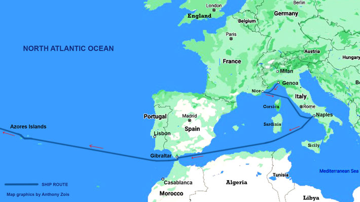 1931 : Map shows the ship route from Genoa to Nice then Naples, Italy, then to Gibraltar, then onto the Azores Is. and onto the USA. Map graphics by Anthony Zois.