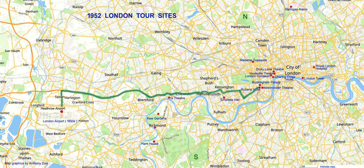  1952 Locations Meher Baba & his Women Mandali visited during their stay in London. Map graphics by Anthony Zois