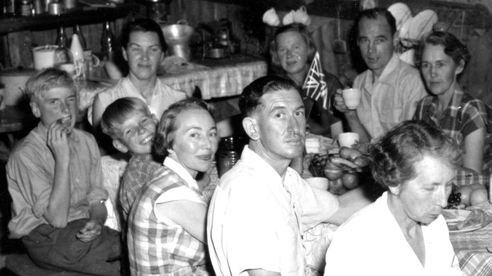 Mid-1950s - Top-( L-R ) May Lundquist, Cynthia Adams, Reg holding a drink, Gladys, unknowns, & Clarice's boys - Noel & Colin, during the construction at Meher House at Beacon Hill - close up 