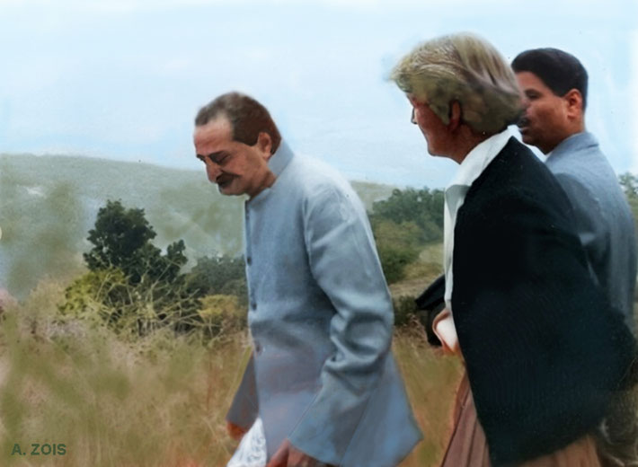 1956; Meher Baba walking with Agnes and Eruch Jessawala. Image rendition by Anthony Zois.