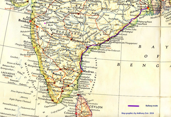 Map shows the Train route from Madras to Howrah, West Bengal State. Map graphics by Anthony Zois.
