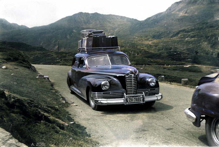 Driving from Zurich to Locarno in a 1946 Packard motor vehicle. Image colourized by Anthony Zois