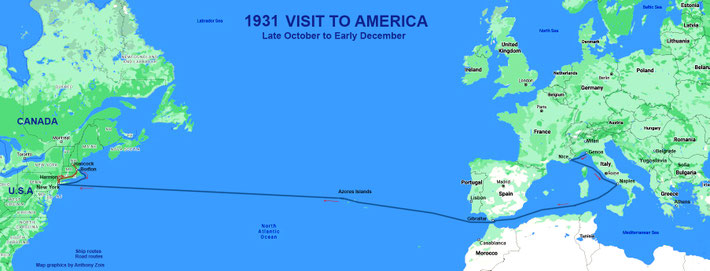 1931 : Map shows the ship voyage from Genoa, Italy to New York & other small visits. Map graphics by Anthony Zois.