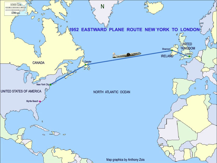 Map showing the return route by Pan Am plane from New York City to London, heading back to India.