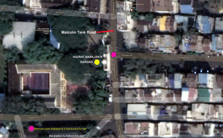 Map 6A : Close up of the intersection at Babajan's Dargah where Merwan sees Babajan & is beckoned to her & she embrasses him. Map graphics by Anthony Zois.