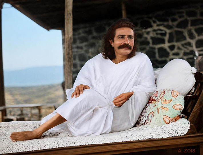 1927 : Meher Baba resting on his ghadi at Meherabad Hill, India. Image rendition by Anthony Zois. BP