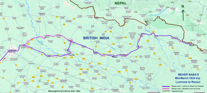 Map : Mid-March 1924 : Lucknow to Raxaul railway trip. Map graphics by Anthony Zois.