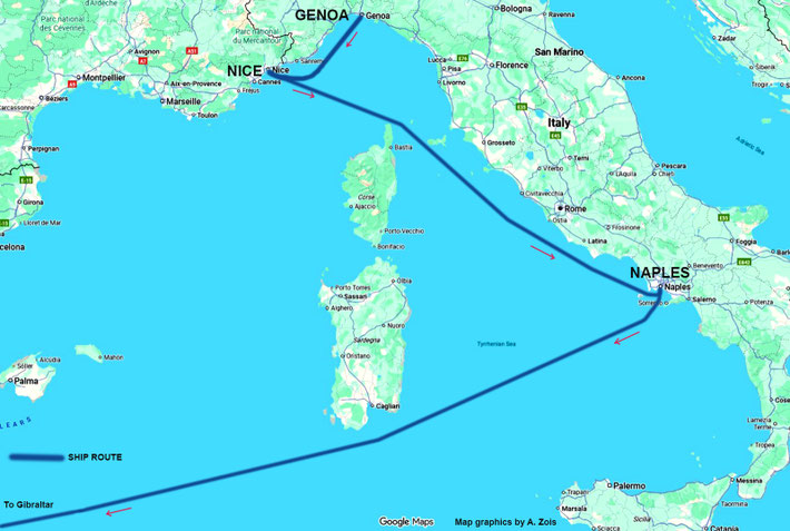 Map shows the ship route fro Genoa to Nice, Naples & onto Gilbraltar. Map graphics by A. Zois.