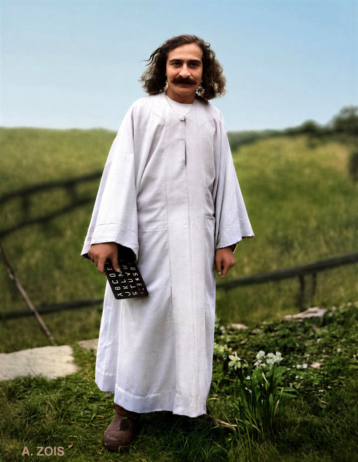 1932 : Meher Baba at East Challacombe property, Devon, England. Image rendition by Anthony Zois. BP