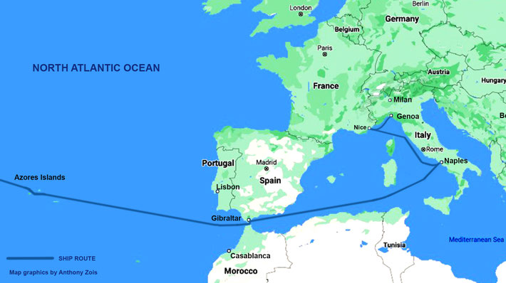 1931 : Map shows the ship route from Genoa to Nice then Naples, Italy, then to Gibraltar, then onto the Azores Is. and onto the USA. Map graphics by Anthony Zois.