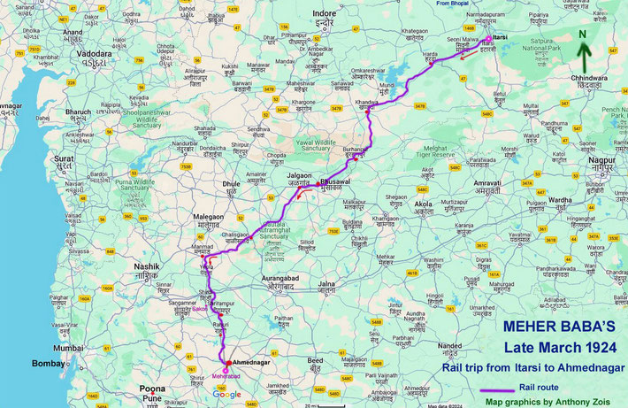 Map 7 : The last stage of Meher Baba's tour of Nth. & Central India. Map graphics by Anthony Zois.