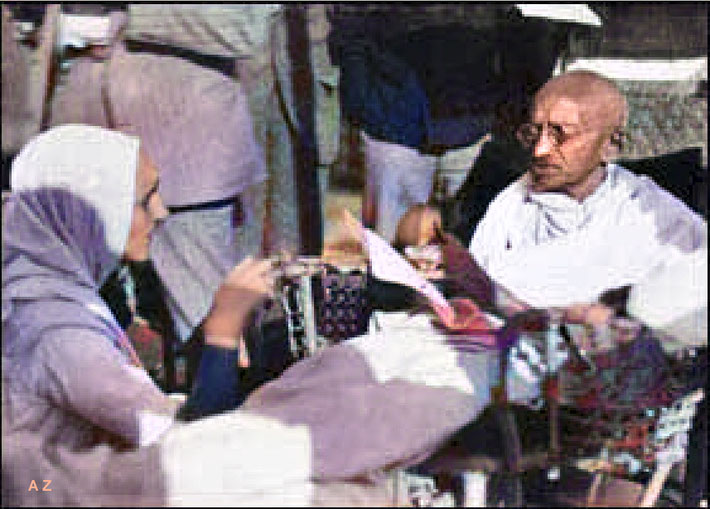  Gandhi reading on deck while travelling on the SS Rajputana.Image rendition by Anthony Zois