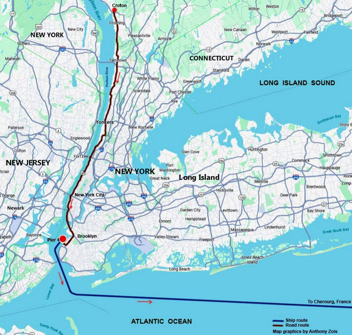Map shows the road route from Croton to Pier 4 in Brooklyn, then the ship route towards France. Map graphics by Anthony Zois.