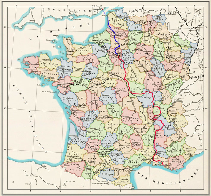 1931 : The above map shows the train journey from Marseilles to Paris in 'red' & the train journey to Boulonge in 'blue'. The ferry crossing is shown as 'blue dots'.