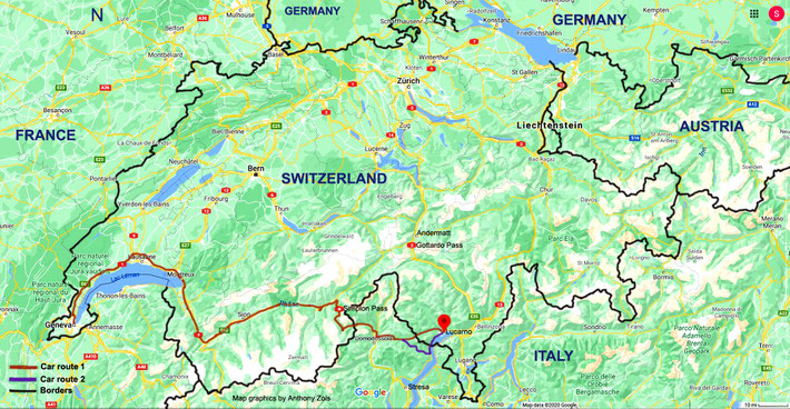 Map of Swtzerland showing the overall routes from Locarno to Geneva. Map graphics by Anthony Zois.