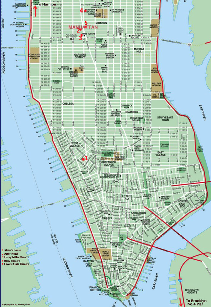 Locations Meher Baba visited in Lower Manhattan. Map graphics by Anthony Zois.