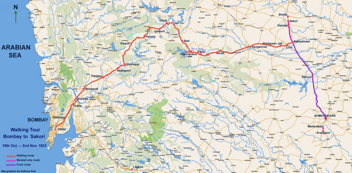 19th Oct. - 2nd Nov. 1923 - Walking tour : Bombay to Sakori, then truck to Ahmednagar. Map graphics by Anthony Zois.