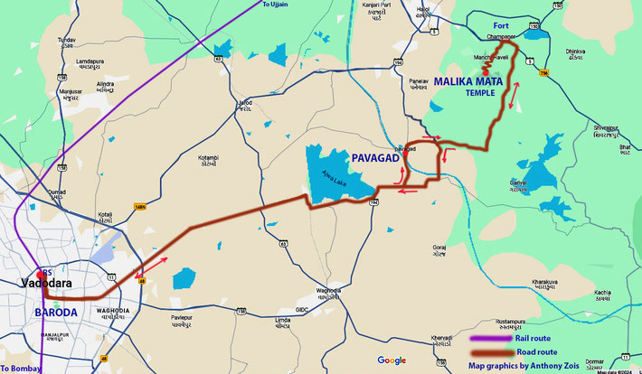 Map shows rail & road routes to Pavagad Hill temples. Map graphics by Anthony Zois.