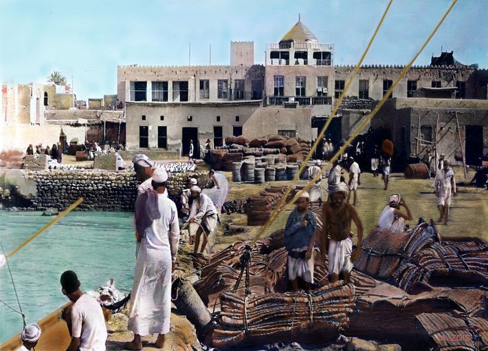 Early 1900s : Wharf scene at Bandar Abbas. Image rendition by Anthony Zois.