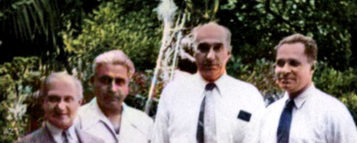 Some of Baba's men mandali. ( l-r ) Gustadji Hansotia, Adi K.Irani, Sarosh K. Irani & Meherjee Karkaria. Image colourized by Anthony Zois.