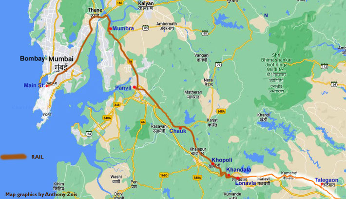 Map shows the rail route from Lonavla to Bombay. Map graphics by Anthony Zois.