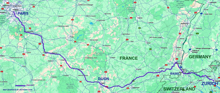 MAP 9. Map shows the continueing journey through France to Zurich, Switzerland & return to Dijon & then Marseilles, boarding ship for India. Map graphics by Anthony Zois.