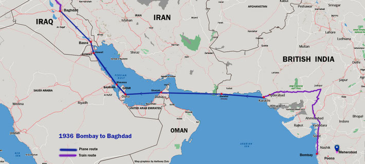 1936 : Map shows the 1st stage of the trip to London. Bombay to Baghdad. Map graphics by Anthony Zois.