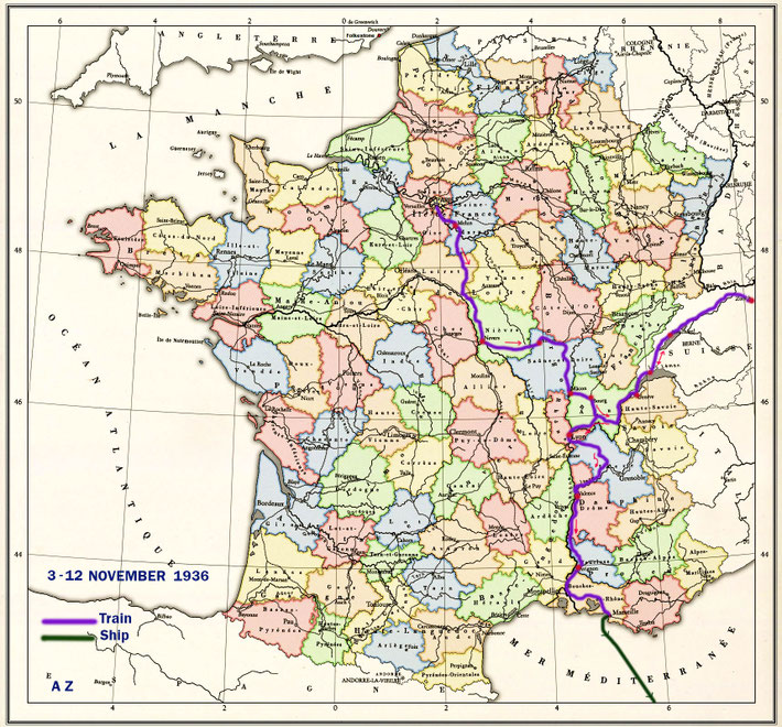 MAP 4. Map shows the continueing journey through France to Zurich, Switzerland & return to Marseilles, then ship to India. Map graphics by Anthony Zois.