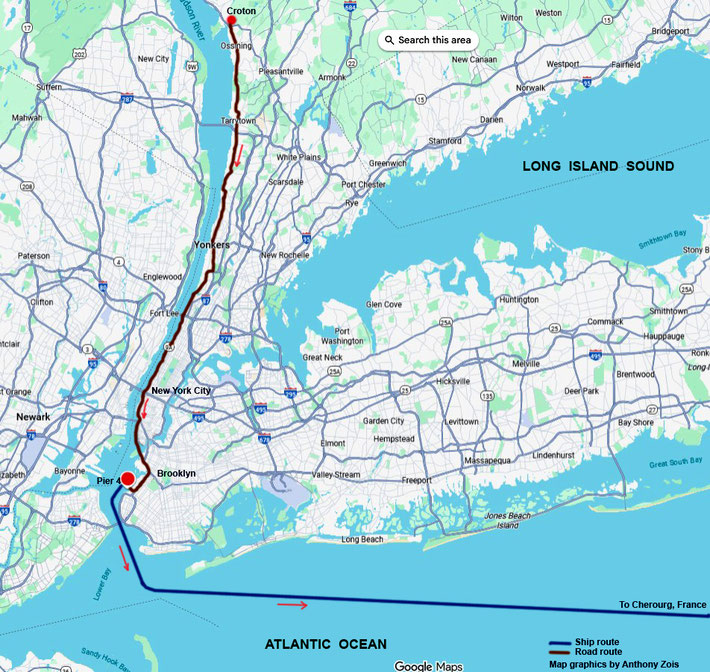 Map shows the road route from Croton to Pier 4 in Brooklyn, then the ship route towards France. Map graphics by Anthony Zois.